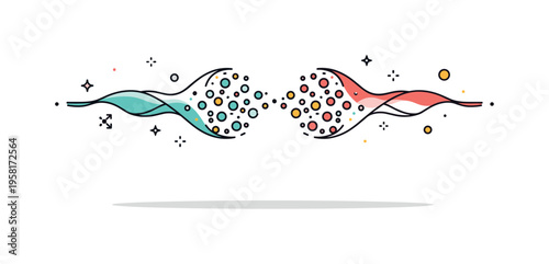 Wave particle duality artistic concept two mirrored shapes where a smooth wave line transforms into floating particles forming a creative visual metaphor. The