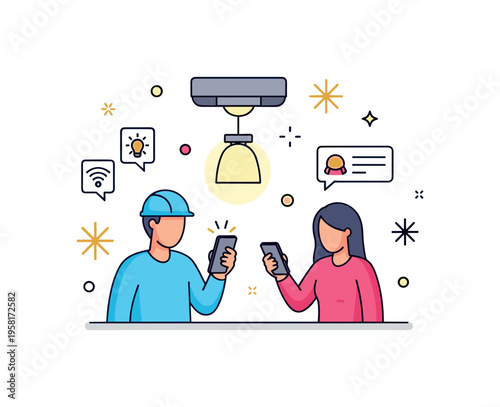 LED lighting person adjusting smart LED lights using a mobile device symbolizing home automation, convenience, and customizable ambiance. Decorative spark