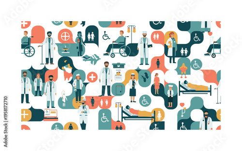 patient healthcare support seamless pattern, doctors, medical staff, patients, wheelchairs, hospital beds and accessibility symbols arranged in a repeating
