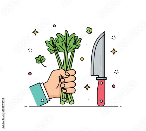 Rhubarb harvest moment hand holding freshly cut stalks beside a simple garden knife silhouette. A practical concept badge about picking, preparing and enjoying
