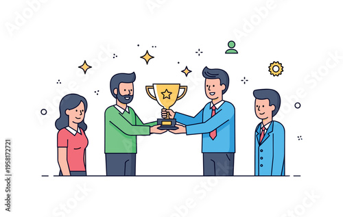 Corporate award presentation with a manager handing a trophy to a smiling employee while coworkers observe nearby. Subtle star accents emphasize achievement