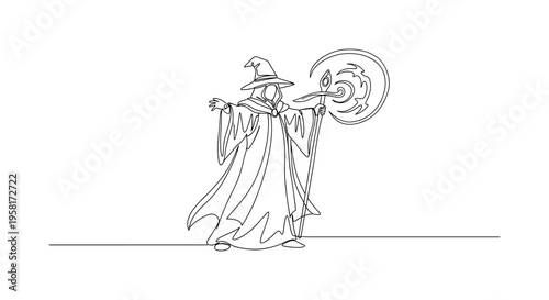 Magical Sorcerer. Minimalistic one-line drawing robed wizard casting a spell symbolizing a video game character, continuous single black line on
