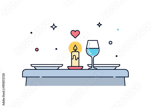 Romantic evening table setting with a glowing candle, simple plates, and a small floating heart above the table. Intimate atmosphere capturing the magic of a