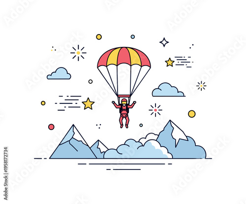 Skydiver high altitude jump with a parachutist descending between soft clouds expressing adventure tourism and adrenaline sport culture. Decorative spark icons