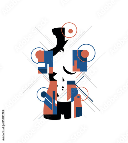 black and white torso silhouette with abstract geometric blocks highlighting waist, shoulders and hips, circular halos and thin diagonal lines forming dynamic