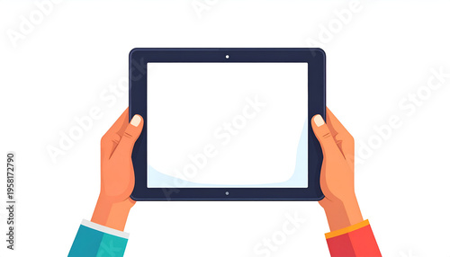Holding blank screen tablet computer cartoon illustration with hands showing app display