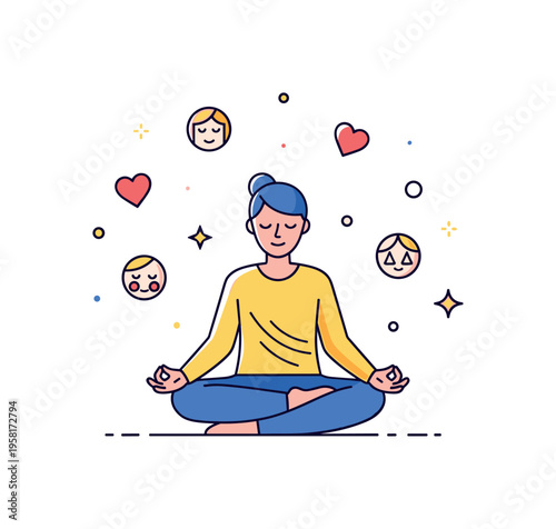 Mindful emotional intelligence showing a person with subtle floating icons of expressive faces and hearts, tiny stars highlighting awareness, empathy, and