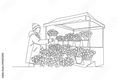 Buying Flowers. Minimalistic one-line drawing person choosing spring flowers at a farmers market, continuous single black line on white background, simple