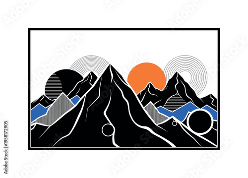 sun rising behind jagged mountain range abstract circles lines and geometric shapes representing dawn over mountains black and white retro mountain objects
