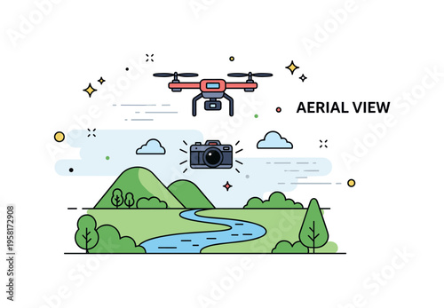 Drone flying above a scenic landscape small drone hovering above rolling hills and a winding river while soft motion lines show the camera capturing the view