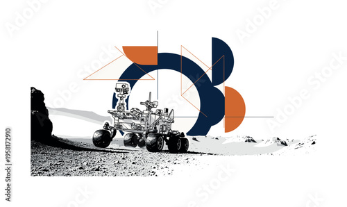 black and white rover vehicle exploring a rocky planetary landscape, white cut-out collage outline, semicircles and geometric lines symbolizing exploration