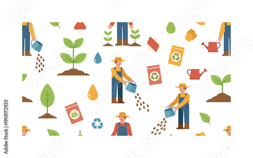 regenerative seed farming seamless pattern, sprouting seedlings, farmers sowing seeds, seed packets, watering cans and sustainability icons arranged in a