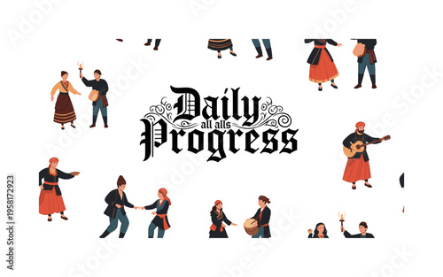 Daily Progress. lettering and all elements in black. Vector style. AWhite background. Pure white background. Perfect isolation and visual consistency. Grunge