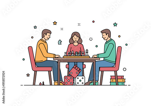 Classic board games gathering with friends sitting around a small table while a chessboard and dice sit at the center of the scene. The moment reflects