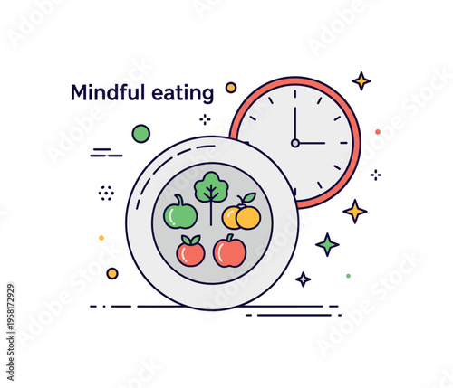 Mindful eating window a plate with simple healthy food symbols appearing next to a clock that marks a limited eating period, communicating the idea
