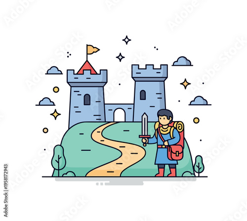 Medieval adventure journey a traveler with a small sword and satchel standing beside a castle tower and winding path suggesting exploration and quests in