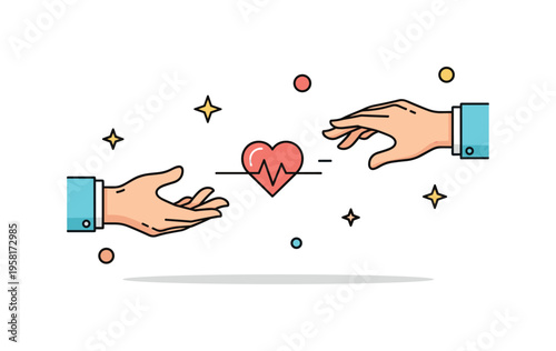 Symbolic reaching hands with two hands stretching toward a central heart icon representing empathy and compassion. The scene emphasizes kindness and emotional