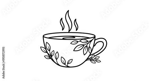 Steaming cup with leaves hot beverage tea or coffee cozy moment relaxation calmness serenity peaceful atmosphere still life simple line drawing