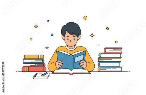 Student studying in library a person concentrating on a book while nearby stacks of books and a notebook suggest deep learning and academic focus in a quiet