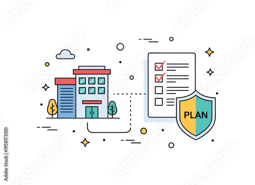 Business continuity planning concept centered on a small office building connected with a checklist and a protective shield labeled ?Plan?. The scene suggests