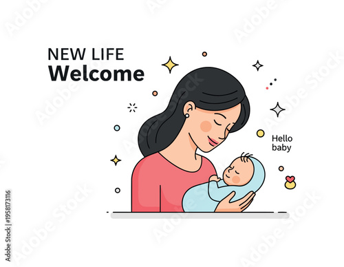 New life welcome scene with a smiling mother looking down at her newborn baby resting in her arms. Small decorative stars and a tiny ?Hello baby? text accent