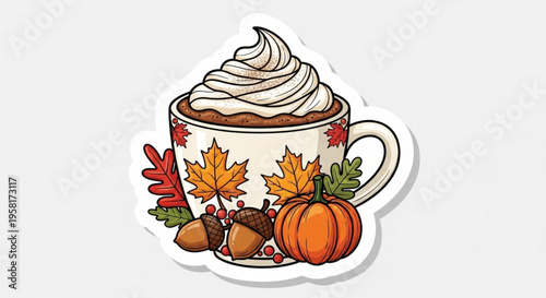 Autumn themed mug with whipped cream and fall leaves acorns pumpkin on a cozy background