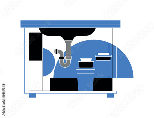 Realistic monochrome under-sink cabinet with visible P-trap pipe and storage containers, combined with geometric black blocks and a blue semicircle suggesting