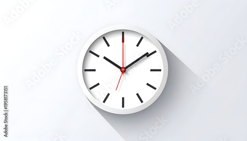 Minimalist white wall clock showing ten past ten modern design with long shadow
