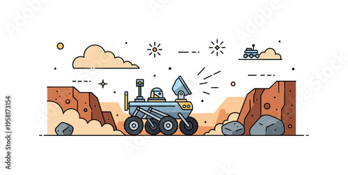 Martian rover traversing rugged Martian terrain with dust clouds and rocks representing space exploration, scientific discovery, and advanced technology.