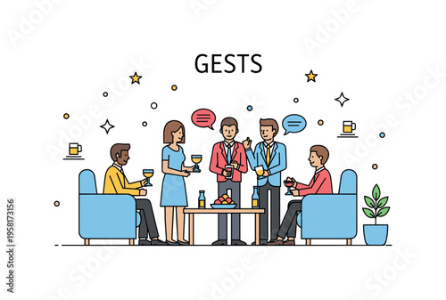 Guest group of guests mingling at a lounge with drinks and conversation representing social interaction, engagement, and networking. Decorative stars and tiny