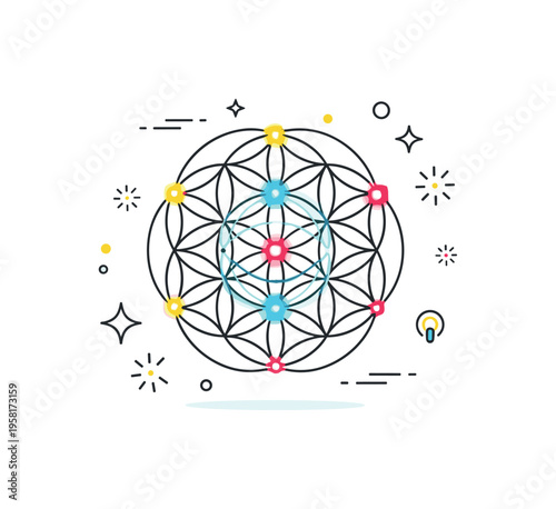 Sacred geometry harmony concept featuring a flower of life pattern glowing subtly with balanced circular forms. Decorative spark accents emphasize unity,