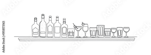 Cocktail Bar. Minimalistic one-line drawing bar counter with bottles and glasses placed on top, continuous single black line on white background, simple