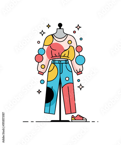 Fashion as wearable art expressive outfit displayed on a mannequin with bold shapes and tiny sparkle icons suggesting clothing transformed into a creative