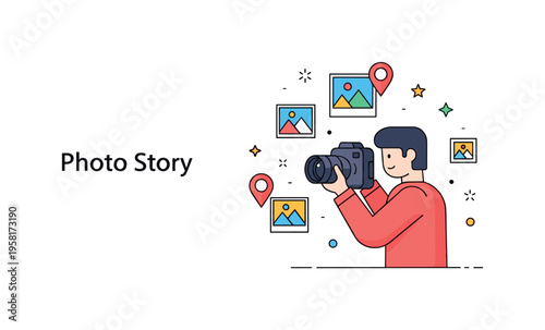 Travel storytelling through photography photographer reviewing images on a camera screen while small photo icons and map markers appear nearby. A subtle label