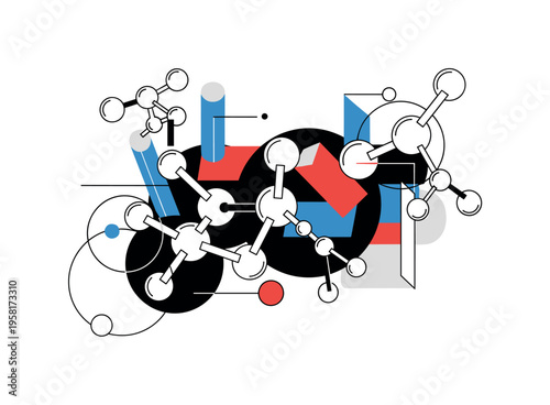 molecular chain forming geometric pattern abstract circles lines cylinders and blocks representing chemical bonds black and white retro molecule spheres with