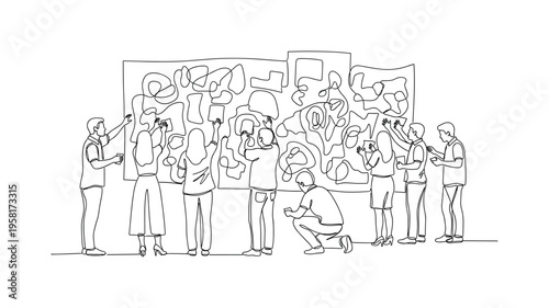 Audience Participatory Art. Minimalistic one-line drawing group of people interacting with a large collaborative art installation, continuous single black line