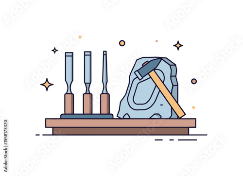 Stone carving workspace a compact scene of sculpting chisels and a small hammer resting beside a rough stone fragment on a tidy workbench, capturing the