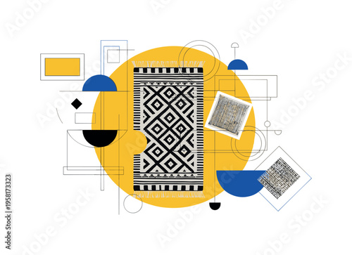black and white patterned rug with geometric motifs viewed from above, large yellow circle behind the rug symbolizing warmth and comfort, thin geometric lines