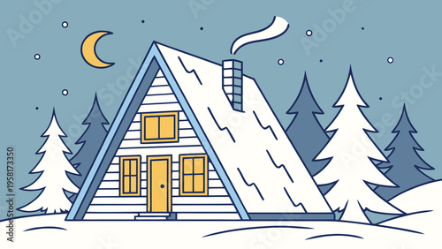 A-frame cabin in a snowy winter forest at night with a crescent moon and pine trees in a flat vector illustration style.