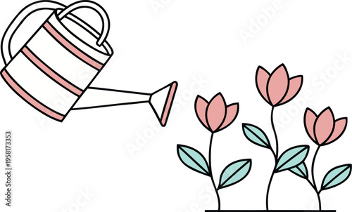 Watering can and flowers in a minimalist vector illustration depicting gardening growth, sustainability, environmental care, and spring season hobbies for commercial design.