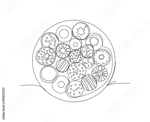 Cookie Plate. Minimalistic one-line drawing plate filled with assorted cookies arranged in a circle, continuous single black line on white background, simple