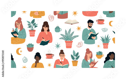 Self-reflection and emotional awareness depicted by a person holding a journal with tiny decorative hearts and expressive face icons, suggesting understanding,