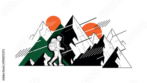 black-and-white hiker with a backpack walking through stylized mountains, geometric circles representing the sun and diagonal lines suggesting wind and