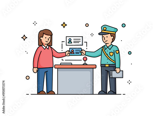 Public safety inspection point person presenting an ID card at a checkpoint desk while a security officer verifies access. Visual metaphor of