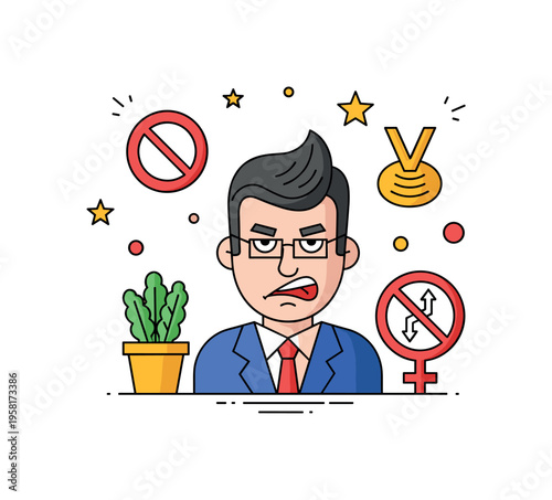 Satirical political art drawing scene with a cartoon style portrait and exaggerated symbols representing criticism of authority through visual satire. The