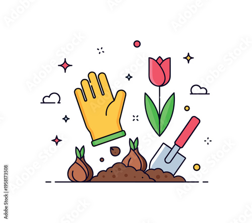 Garden tulip care a simple scene of replanting tulip bulbs into fresh soil with a gardening glove and small shovel while a blooming tulip stands nearby as a