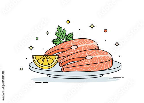 Fresh salmon fillets with lemon garnish featuring two fish portions placed on a plate with a small lemon wedge and parsley leaf. The illustration reflects
