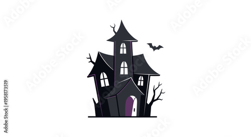 Black haunted house with spires.