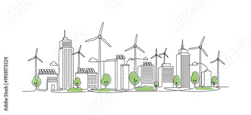 Eco-Friendly Urban Planning. Minimalistic one-line drawing cityscape with solar panels, wind turbines, and green spaces, continuous single black line on white