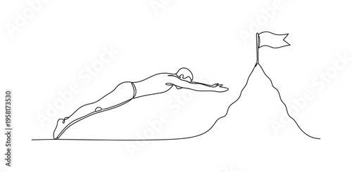 Dive Into Victory. Minimalistic one-line drawing figure diving forward toward a victory flag on a peak symbolizing success, continuous single black line on